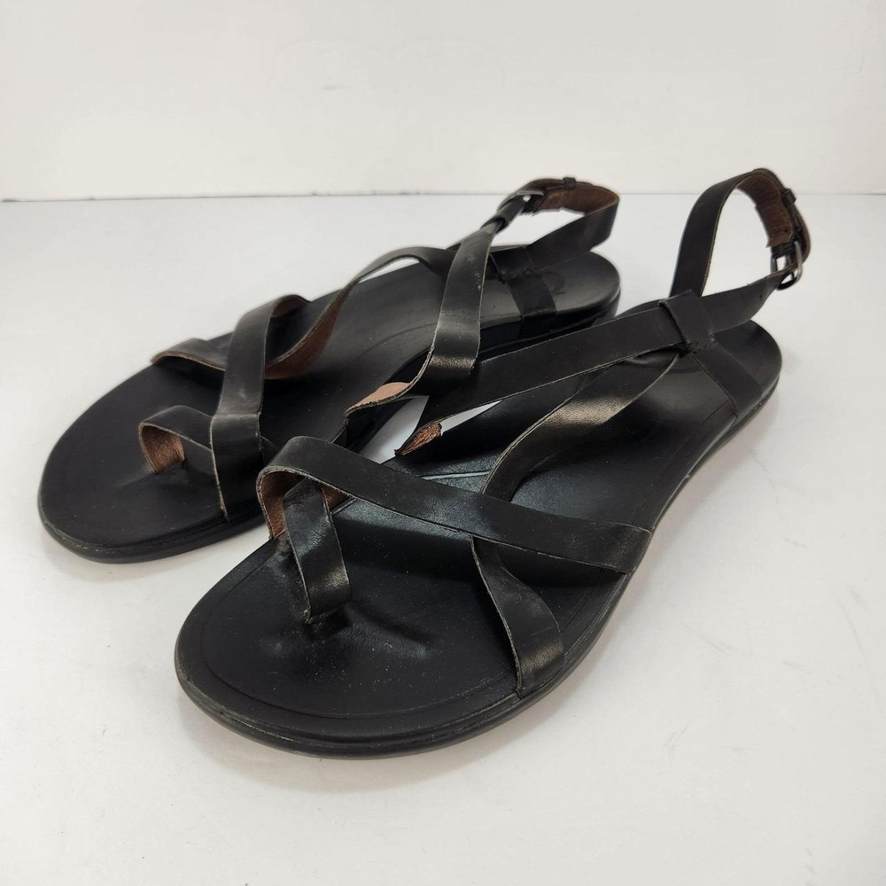 OluKai Women's Size 10 Black Leather Strappy Toe Loop Slingback Sandals